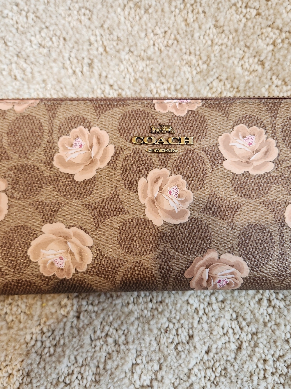 COACH Floral Signature Canvas Slim Wallet in Brown and Pink With Rose Design